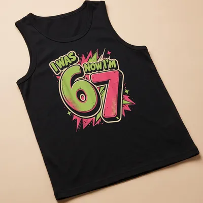 Bold comic style shirt with text celebrating a child's 7th birthday — printed on a tank top