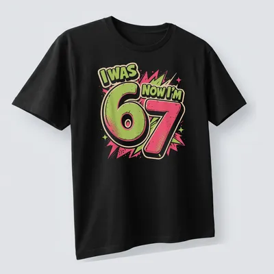 Bold comic style shirt with text celebrating a child's 7th birthday — printed on a unisex t-shirt (angled view)