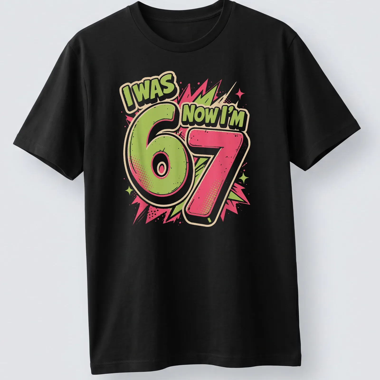 Bold comic style shirt with text celebrating a child's 7th birthday — printed on a unisex t-shirt