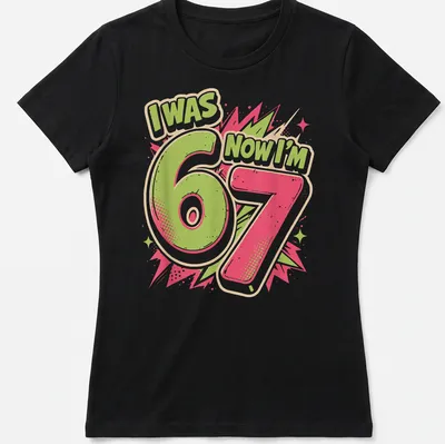 Bold comic style shirt with text celebrating a child's 7th birthday — printed on a women's shirt