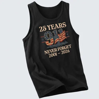 Vintage distressed shirt with American flag and skyline design — printed on a tank top