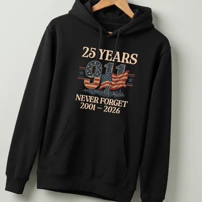 Vintage distressed shirt with American flag and skyline design — printed on a unisex hoodie