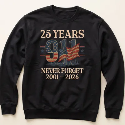 Vintage distressed shirt with American flag and skyline design — printed on a unisex sweatshirt
