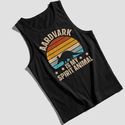 Retro distressed T-shirt featuring an aardvark with playful text about spirit animals — printed on a tank top