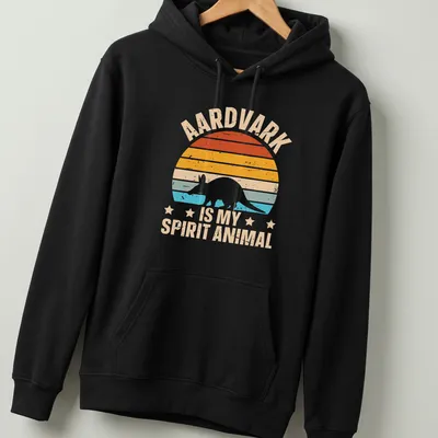 Retro distressed T-shirt featuring an aardvark with playful text about spirit animals — printed on a unisex hoodie