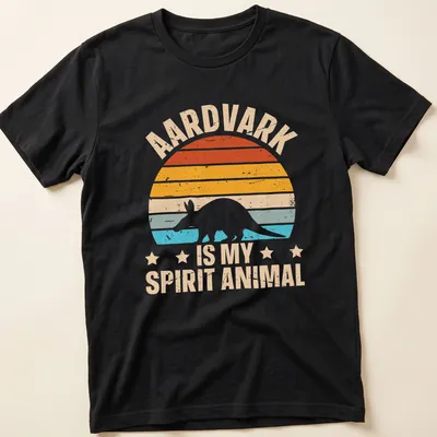 Retro distressed T-shirt featuring an aardvark with playful text about spirit animals