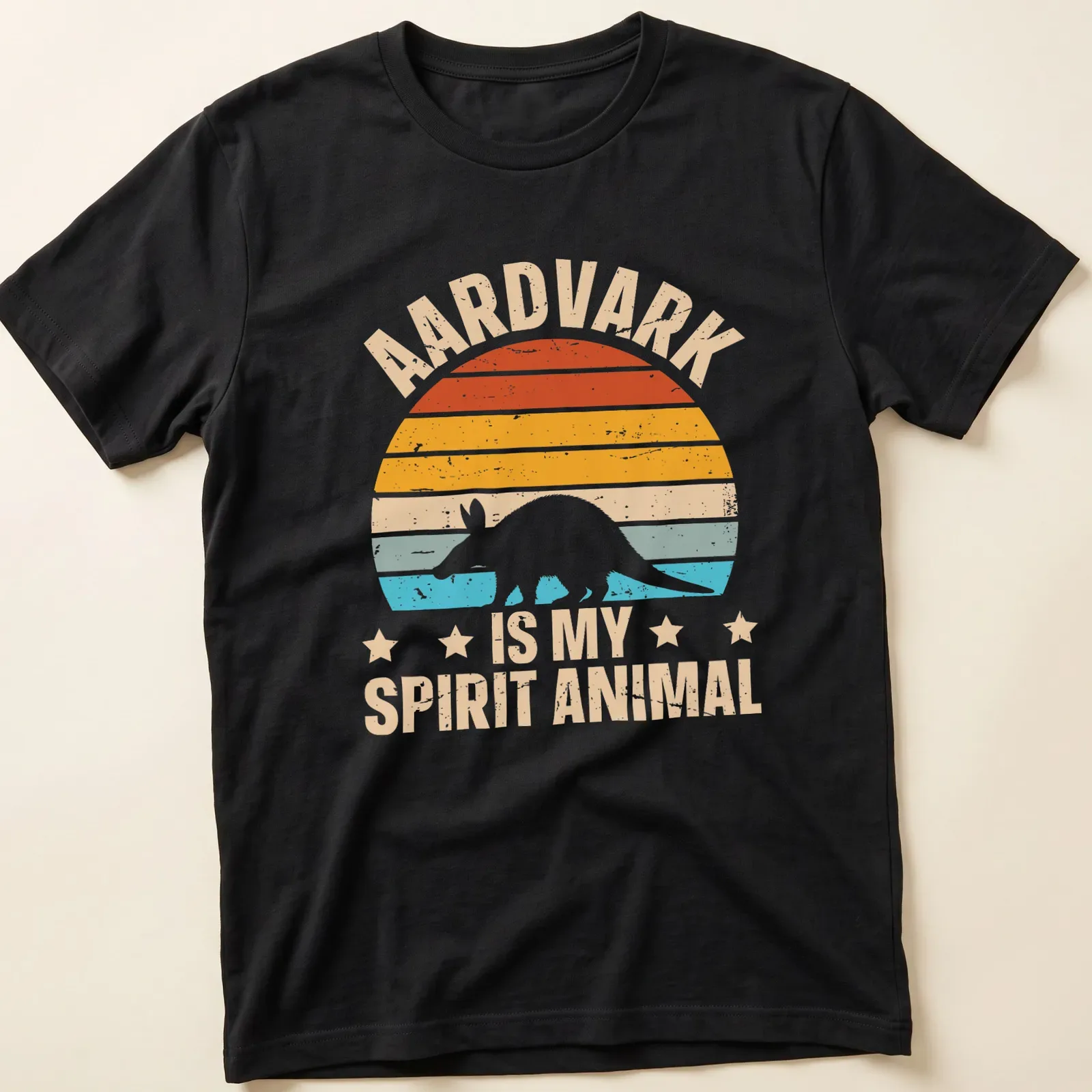 Retro distressed T-shirt featuring an aardvark with playful text about spirit animals — printed on a unisex t-shirt