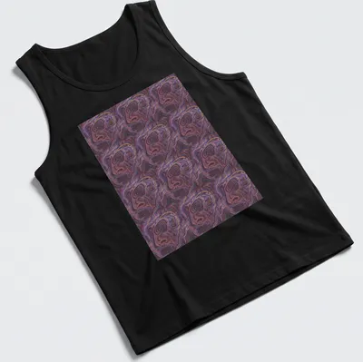 Colorful abstract faces with humorous text about drawing norms — printed on a tank top