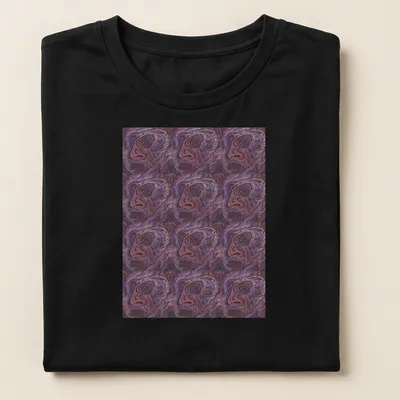 Colorful abstract faces with humorous text about drawing norms — printed on a women's shirt