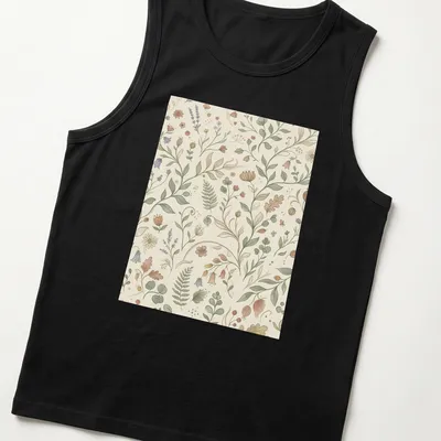 Seamless floral pattern featuring green, pink, purple, and brown tones — printed on a tank top