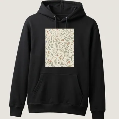 Seamless floral pattern featuring green, pink, purple, and brown tones — printed on a unisex hoodie