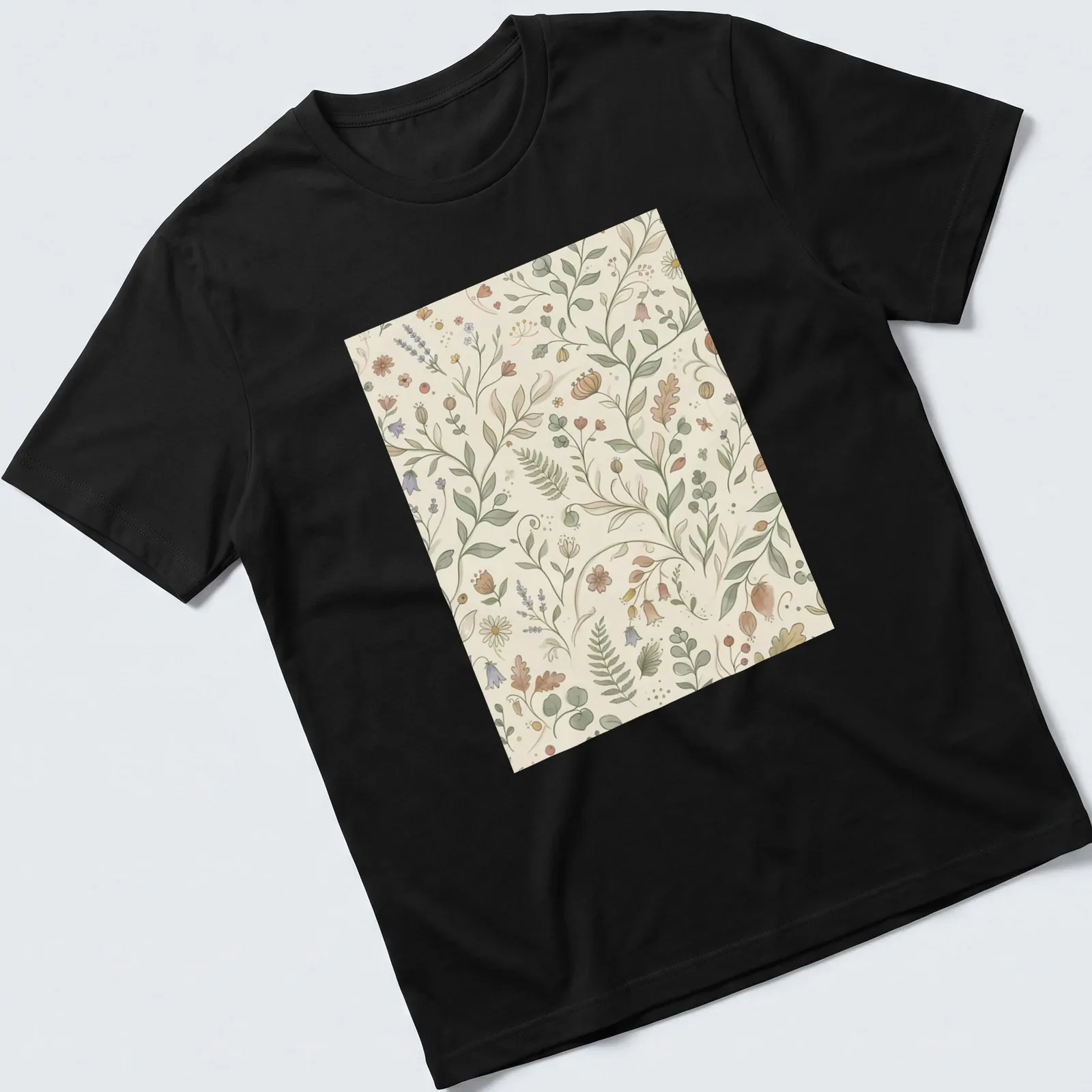Seamless floral pattern featuring green, pink, purple, and brown tones — printed on a unisex t-shirt