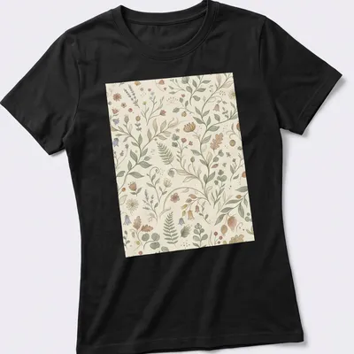 Seamless floral pattern featuring green, pink, purple, and brown tones — printed on a women's shirt