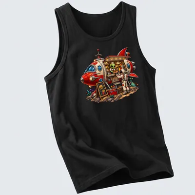 Colorful retro cartoon of an alien food truck in various hues — printed on a tank top