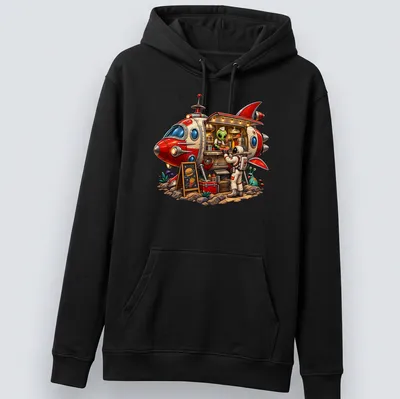 Colorful retro cartoon of an alien food truck in various hues — printed on a unisex hoodie