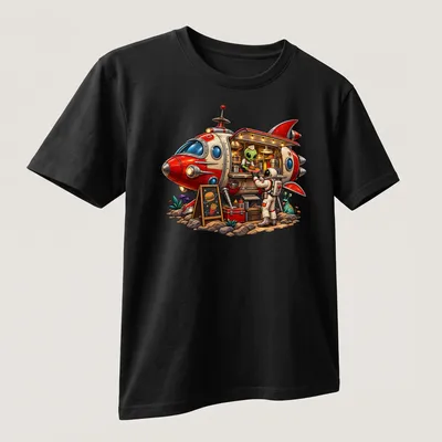 Colorful retro cartoon of an alien food truck in various hues — printed on a unisex t-shirt (angled view)
