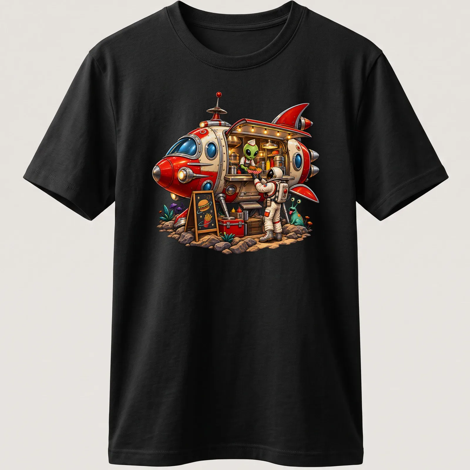 Colorful retro cartoon of an alien food truck in various hues — printed on a unisex t-shirt