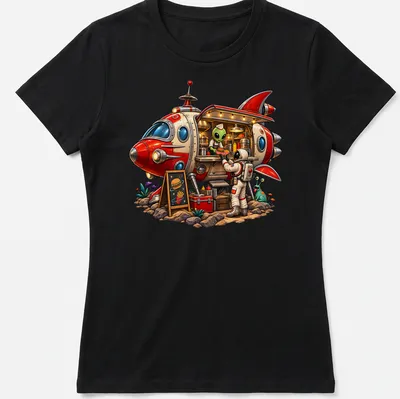 Colorful retro cartoon of an alien food truck in various hues — printed on a women's shirt