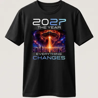 Sci-fi design featuring an alien UFO with bold text: '2027 THE YEAR EVERYTHING CHANGES'