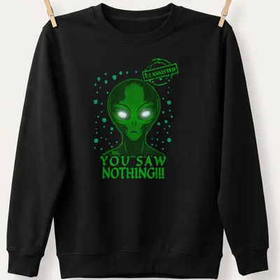 Bold graphic tee featuring an alien with the text 'YOU SAW NOTHING!!! CLASSIFIED' in green and white. — printed on a unisex sweatshirt