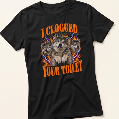 Funny meme shirt featuring an alpha wolf and text about a clogged toilet — printed on a women's shirt