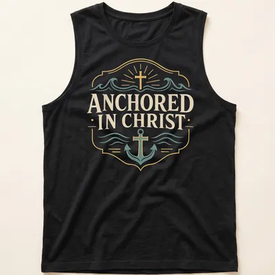 Vintage badge style t-shirt featuring an anchor and the text ANCHORED IN CHRIST in gold and teal — printed on a tank top