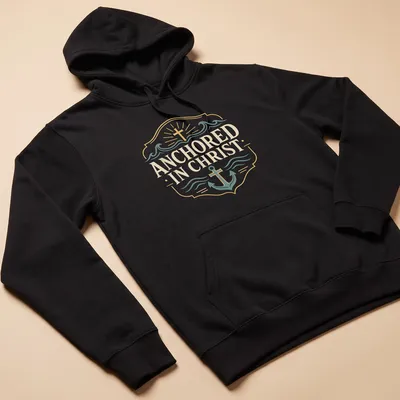 Vintage badge style t-shirt featuring an anchor and the text ANCHORED IN CHRIST in gold and teal — printed on a unisex hoodie