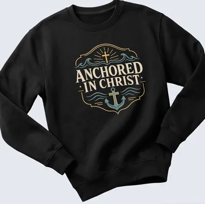 Vintage badge style t-shirt featuring an anchor and the text ANCHORED IN CHRIST in gold and teal — printed on a unisex sweatshirt