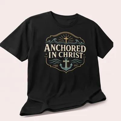Vintage badge style t-shirt featuring an anchor and the text ANCHORED IN CHRIST in gold and teal — printed on a unisex t-shirt (angled view)