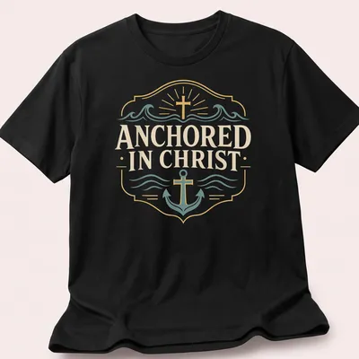 Vintage badge style t-shirt featuring an anchor and the text ANCHORED IN CHRIST in gold and teal