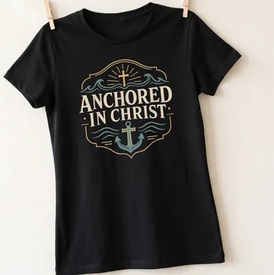 Vintage badge style t-shirt featuring an anchor and the text ANCHORED IN CHRIST in gold and teal — printed on a women's shirt
