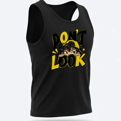Anime boy peeking with the text 'DON'T LOOK' in vibrant colors — printed on a tank top