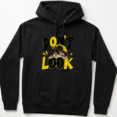 Anime boy peeking with the text 'DON'T LOOK' in vibrant colors — printed on a unisex hoodie