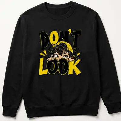 Anime boy peeking with the text 'DON'T LOOK' in vibrant colors — printed on a unisex sweatshirt