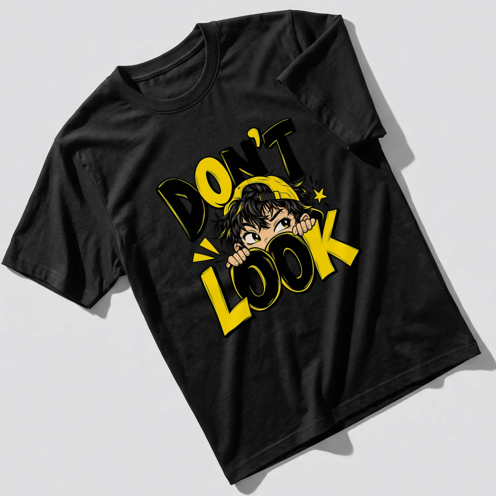 Anime boy peeking with the text 'DON'T LOOK' in vibrant colors — printed on a unisex t-shirt