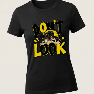 Anime boy peeking with the text 'DON'T LOOK' in vibrant colors — printed on a women's shirt