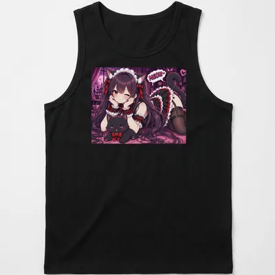 Anime girl neko maid illustration with cat and MEOW text in grunge style — printed on a tank top