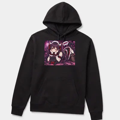 Anime girl neko maid illustration with cat and MEOW text in grunge style — printed on a unisex hoodie