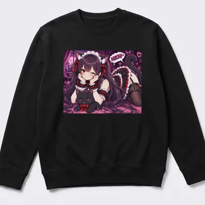 Anime girl neko maid illustration with cat and MEOW text in grunge style — printed on a unisex sweatshirt