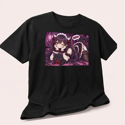 Anime girl neko maid illustration with cat and MEOW text in grunge style — printed on a unisex t-shirt (angled view)