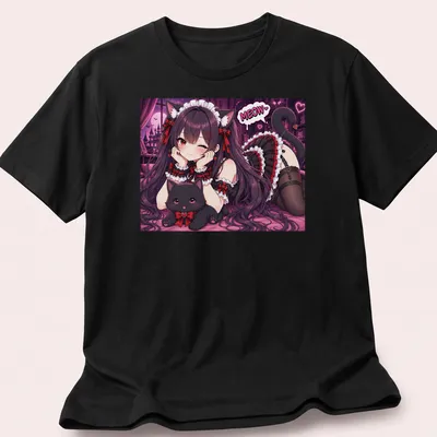 Anime girl neko maid illustration with cat and MEOW text in grunge style