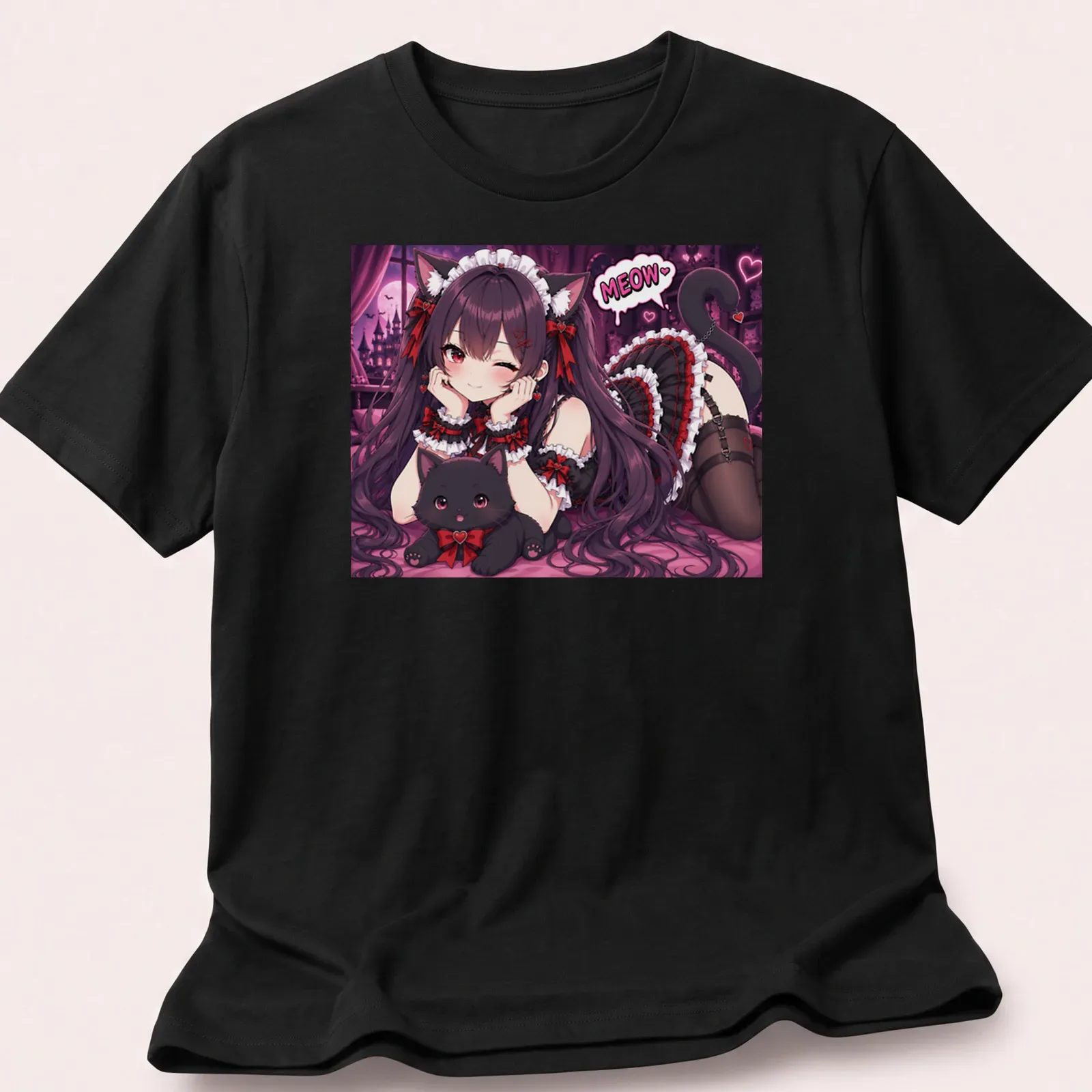 Anime girl neko maid illustration with cat and MEOW text in grunge style — printed on a unisex t-shirt