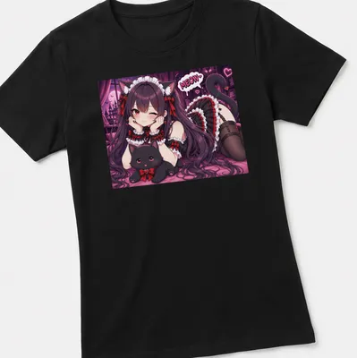 Anime girl neko maid illustration with cat and MEOW text in grunge style — printed on a women's shirt