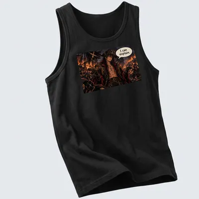 Anime pirate captain with quote 'I can explain.' in detailed illustration — printed on a tank top