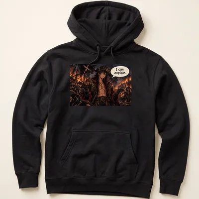 Anime pirate captain with quote 'I can explain.' in detailed illustration — printed on a unisex hoodie