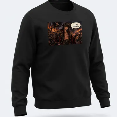 Anime pirate captain with quote 'I can explain.' in detailed illustration — printed on a unisex sweatshirt