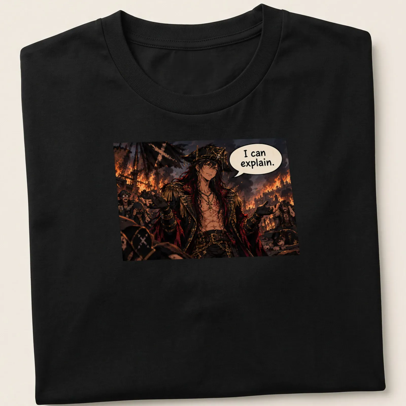 Anime pirate captain with quote 'I can explain.' in detailed illustration — printed on a unisex t-shirt