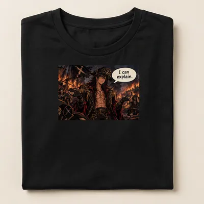 Anime pirate captain with quote 'I can explain.' in detailed illustration — printed on a women's shirt