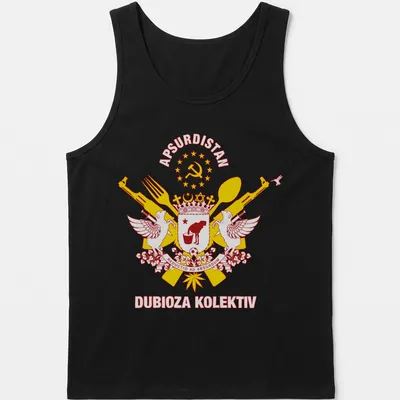 Bold graphic t-shirt featuring the Apsurdistan crest with vibrant colors — printed on a tank top
