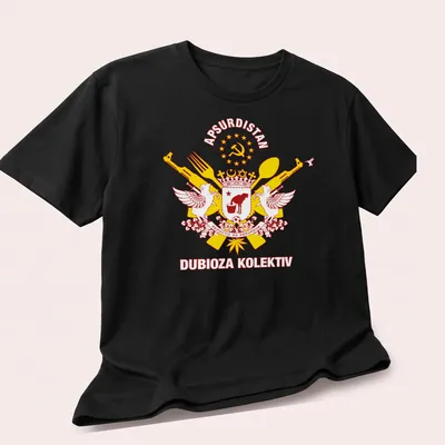 Bold graphic t-shirt featuring the Apsurdistan crest with vibrant colors — printed on a unisex t-shirt (angled view)